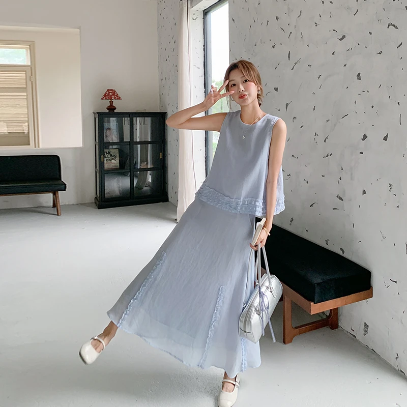 蓝色巨好看木耳边背心套装裙女夏季2025新款无袖上衣半身裙两件套