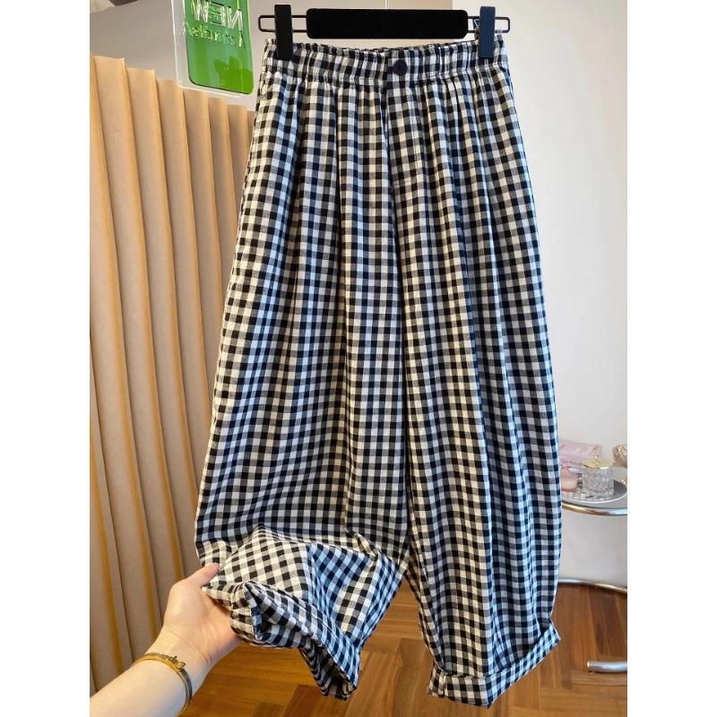 大码女装韩系宽松格子休闲裤夏2025新款胖MM气球裤哈伦裤九分裤薄