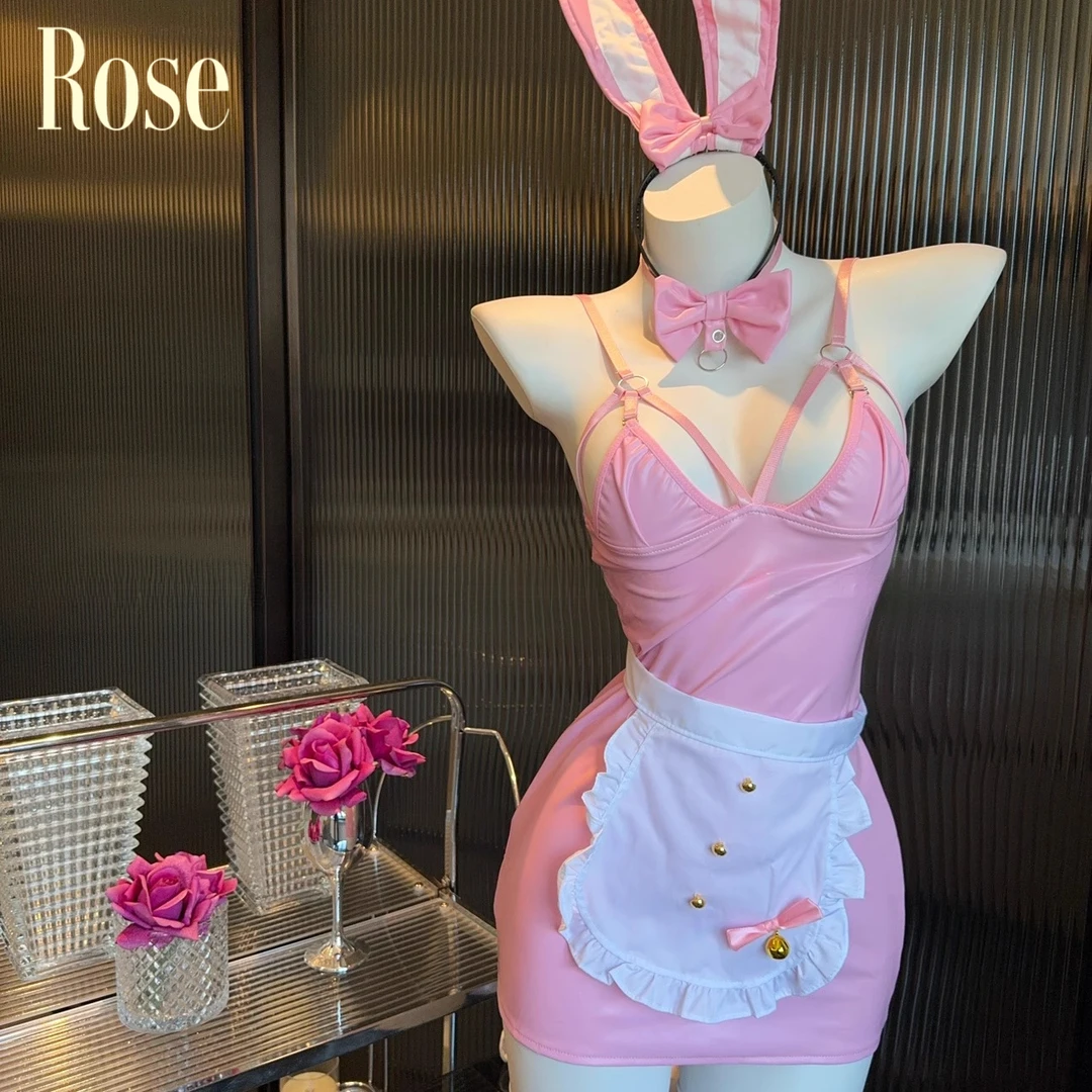 晚瑰·Rose 兔兔女仆* 大码*粉色漆皮性感紧身包臀裙