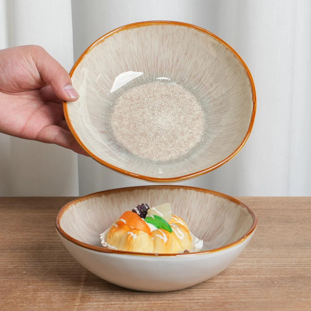 【正品】菜碗釉下彩陶瓷碗窑变卡其色渐变异形日式复古家用N4A