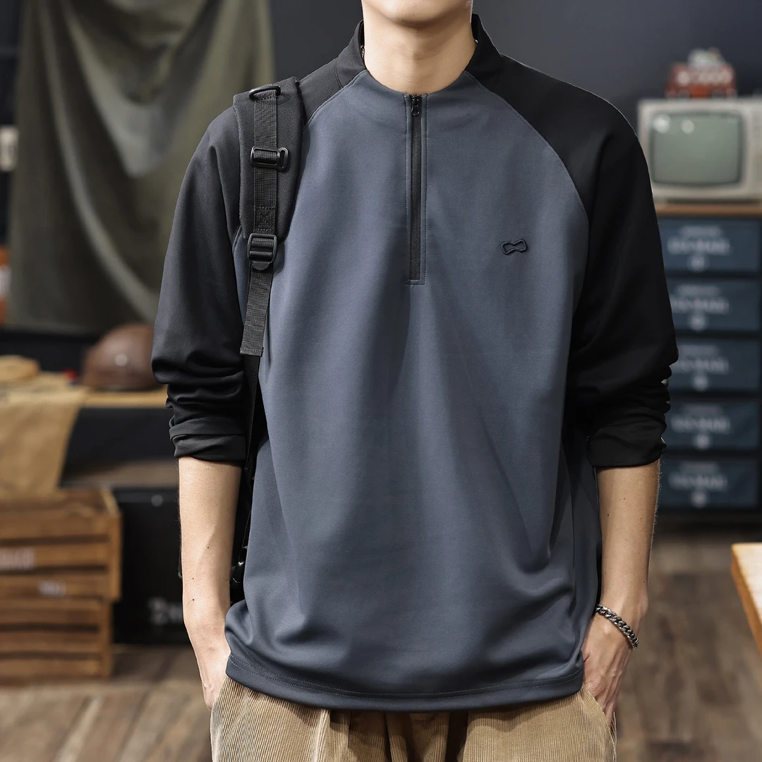 MR.MUDI/穆迪先生美式拼接半拉链卫衣男士秋季新款休闲打底衫外套