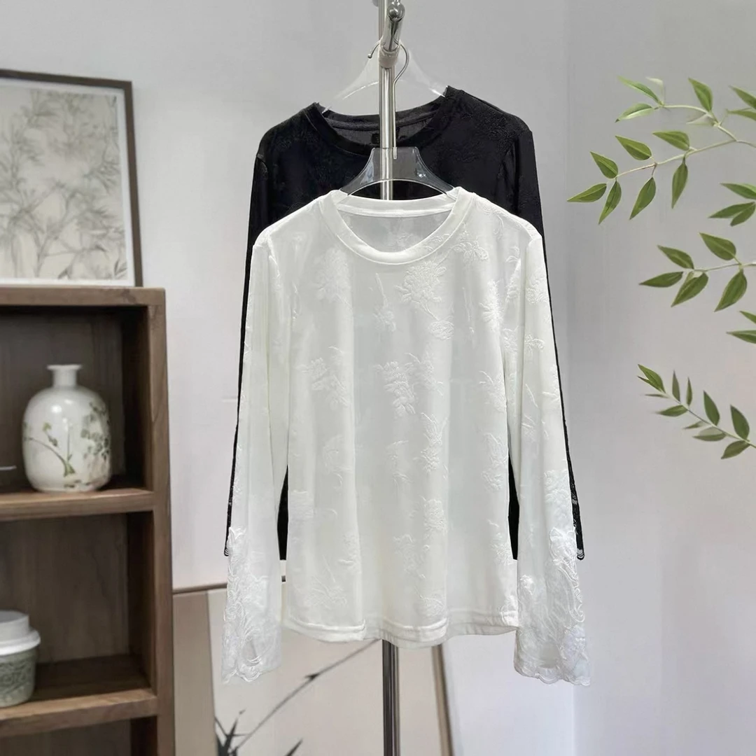 [蕾丝袖]新中式新款提花圆领打底