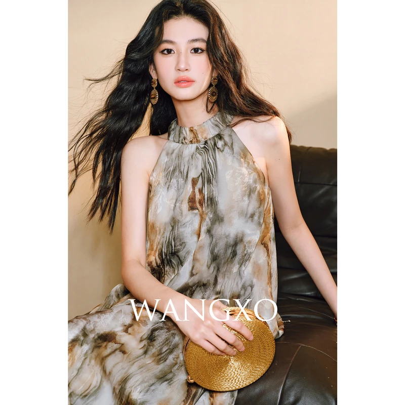 WANGXO 缎面提花流苏慵懒感挂脖连衣裙 250020W