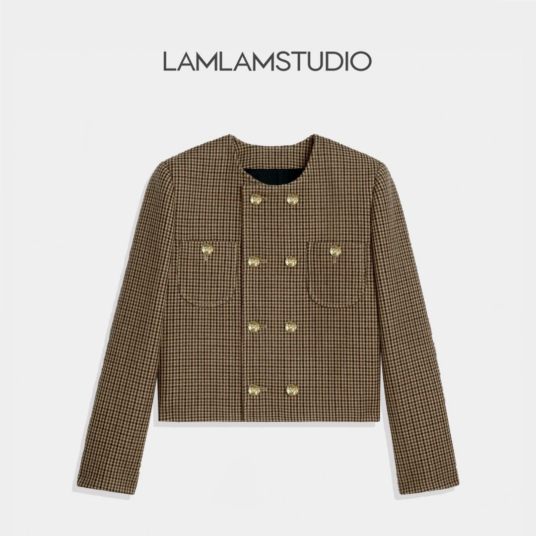 LAMLAM 张一琳“香槟日落”短外套长袖格纹千鸟格小香风粗花呢秋季