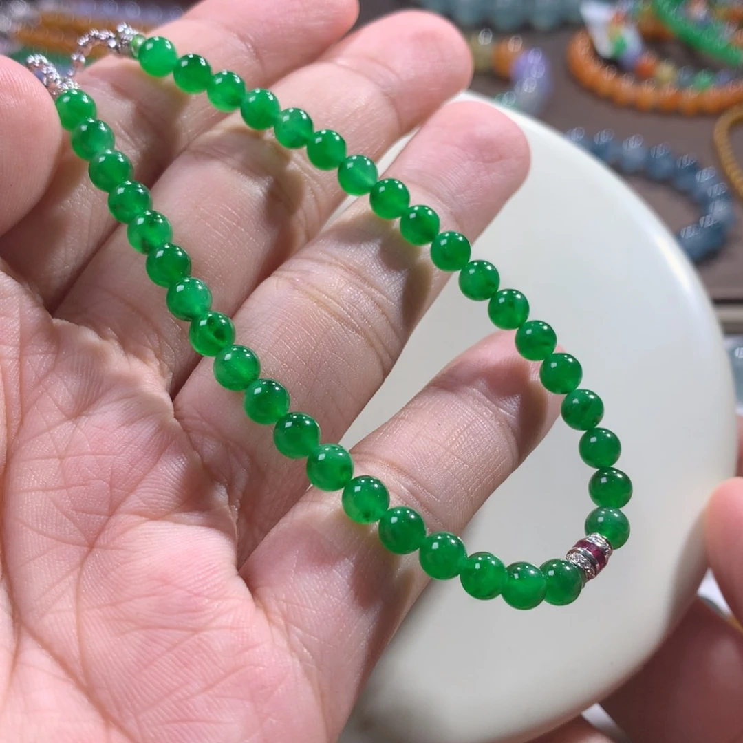 未镶嵌手链翡翠高货大漏！色标冰种浓阳绿项链卡4.6