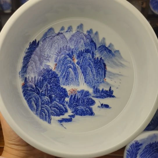 纯手工手绘青花山水釉下红（大水洗）