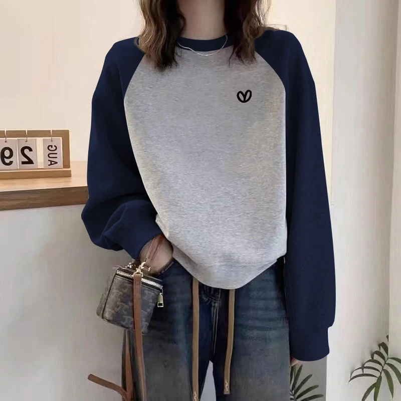 圆领卫衣女春秋冬2025新爆款时尚洋气慵懒风撞色宽松内搭加绒上衣