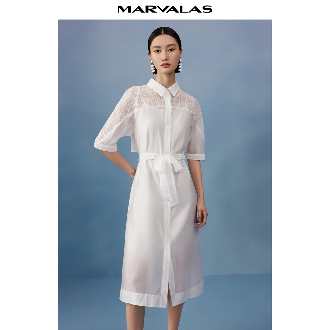 【羊羊专属】曼德诗天丝连衣裙女衬衫式半袖轻薄透气刺绣收腰小白裙