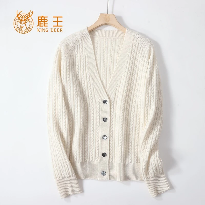 【再回1985】鹿王24新款女V领100山羊绒重工绞花针织开衫20248207