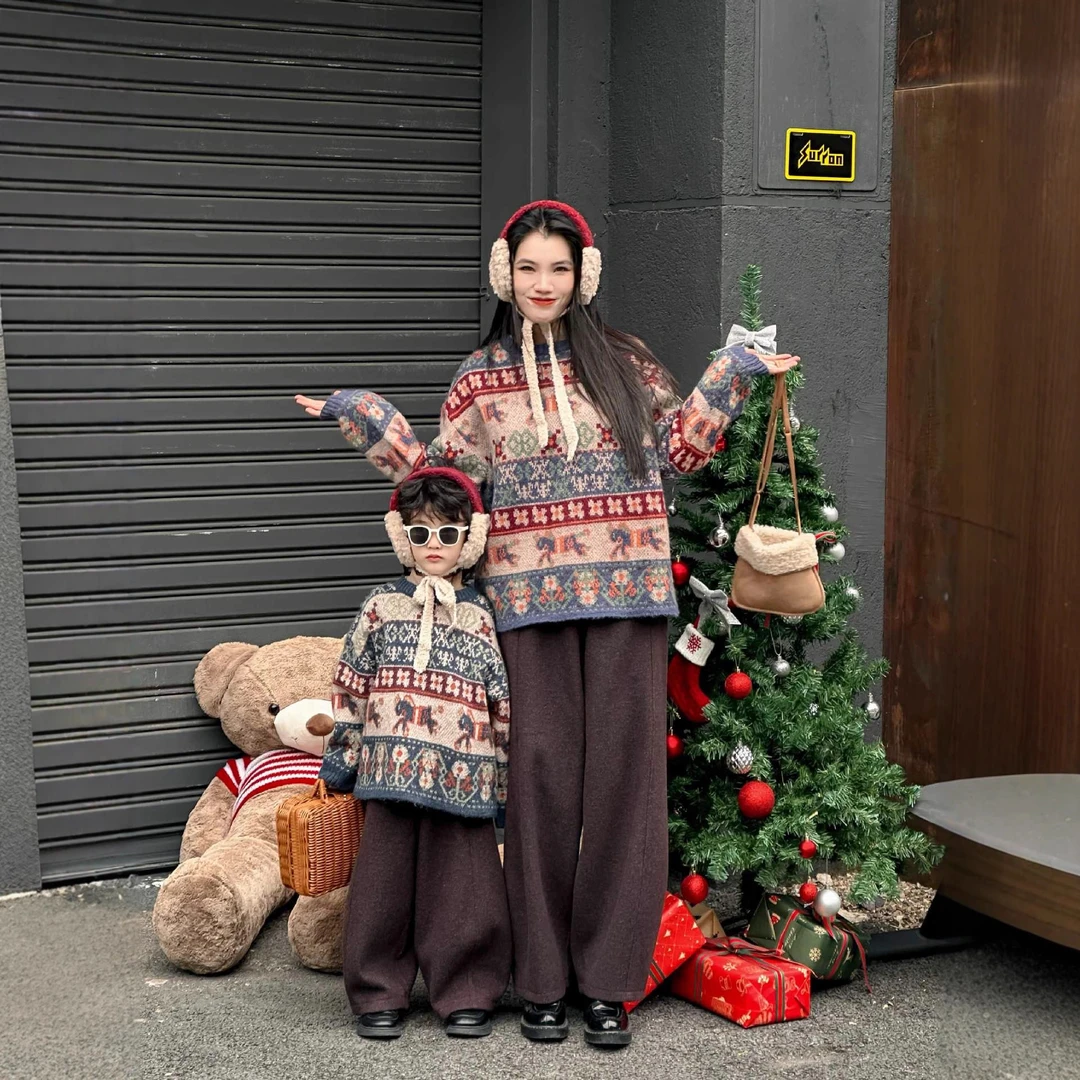 高级感复古提花毛衣亲子26秋冬季新年慵懒风小众宽松圆领复儿童衣