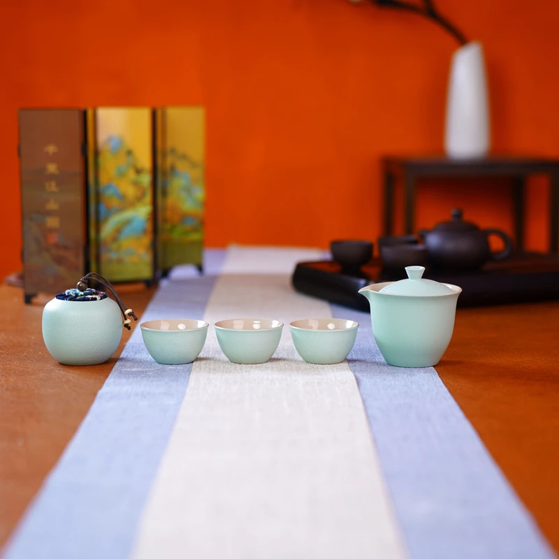 路宝釉一壶三杯带茶叶罐车载套装旅行茶具便携汝窑快客杯43011