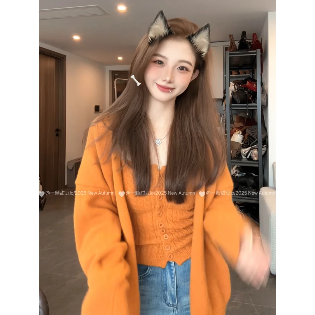 秋季韩系慵懒风麻花针织两件套装背心+v领宽松简约纯色开衫外套女