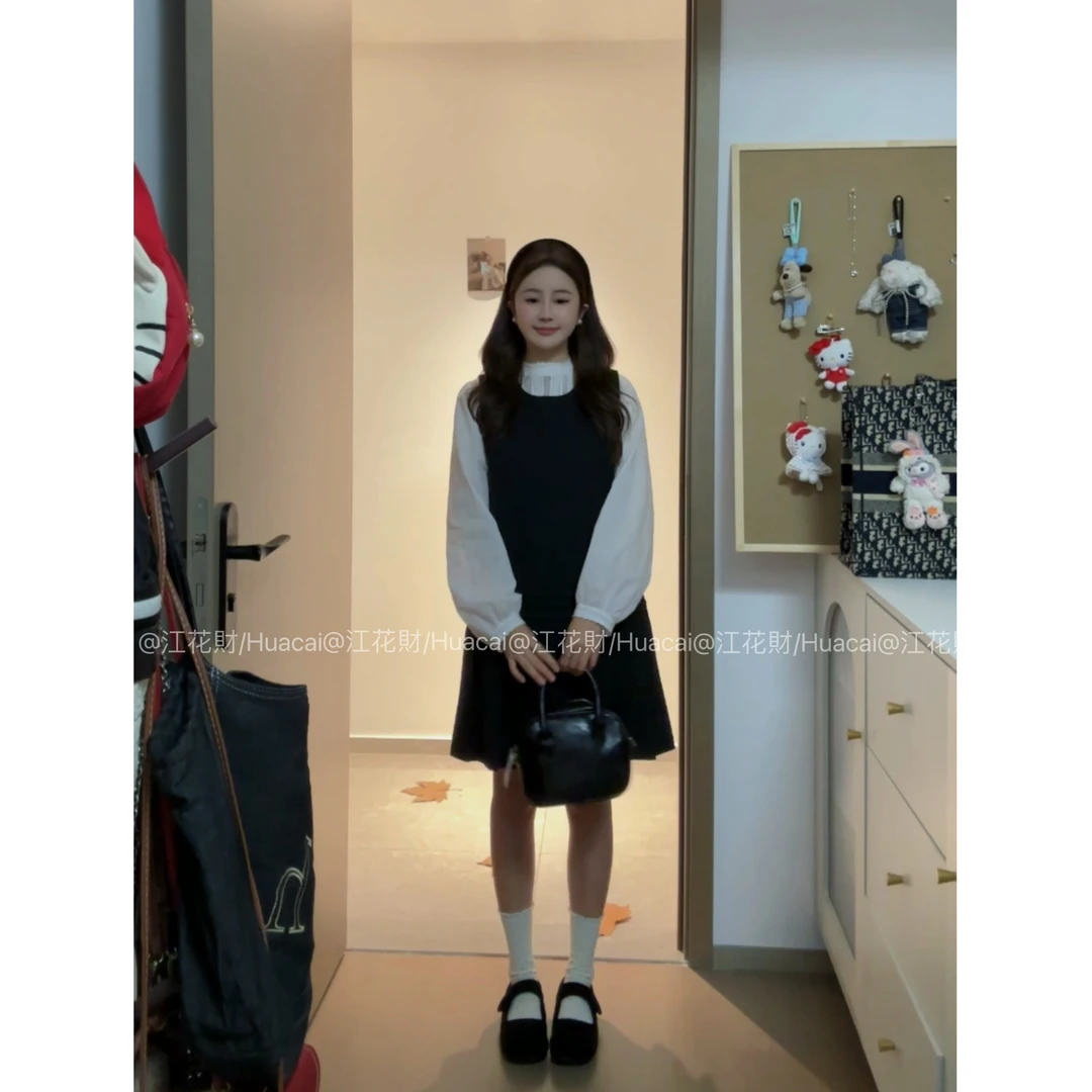 【深雾密语】韩系气质圆领百褶背心裙+精致小立领蕾丝拼接衬衫套装