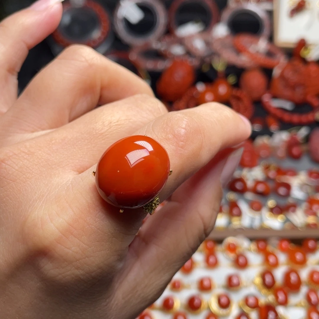 南红玛瑙银S925镶嵌满色满肉戒指