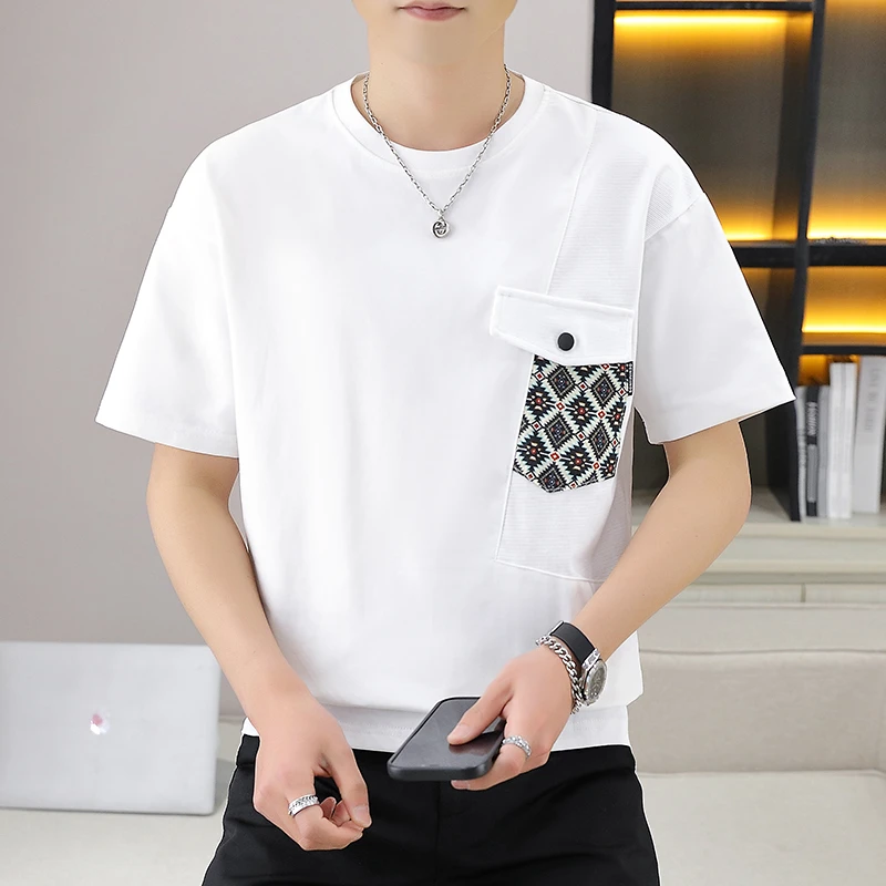 夏季圆领T恤短袖潮流半袖打底衫青年拼接学生上衣潮