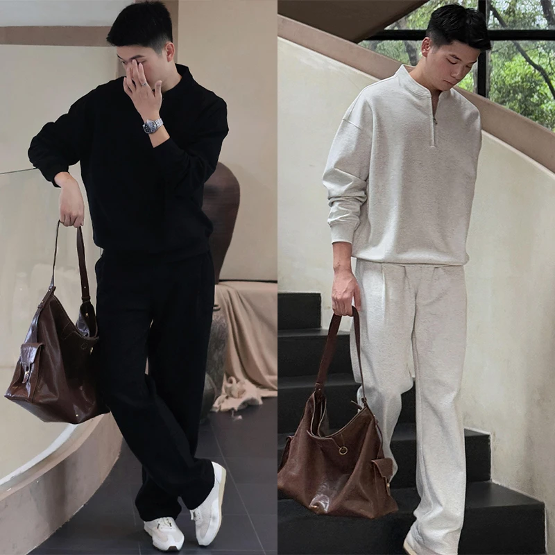 秋季男士慵懒风简约休闲套装时尚高级感立领半拉链卫衣卫裤两件套