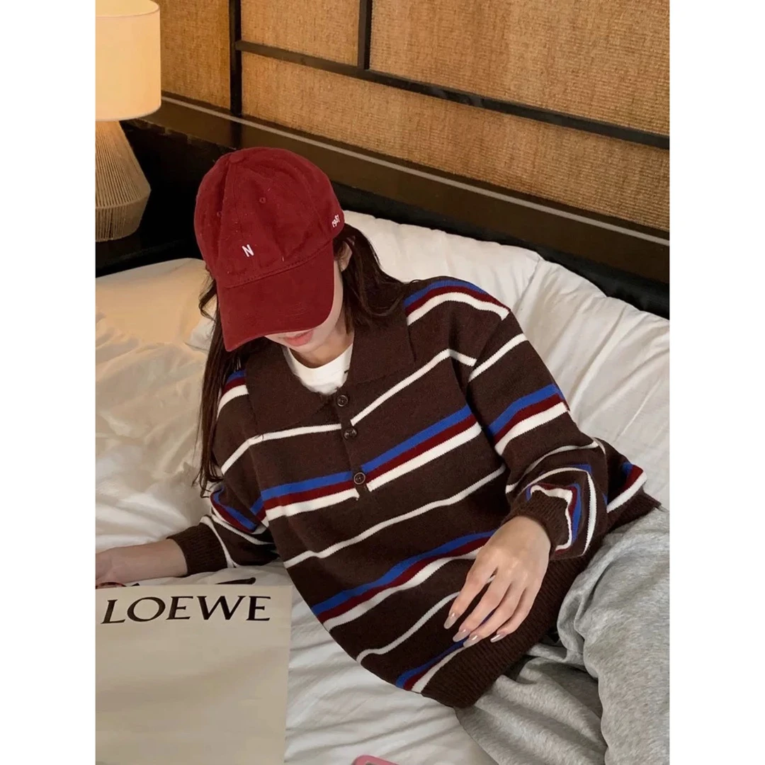 【土豆优选】复古慵懒风条纹polo领毛衣