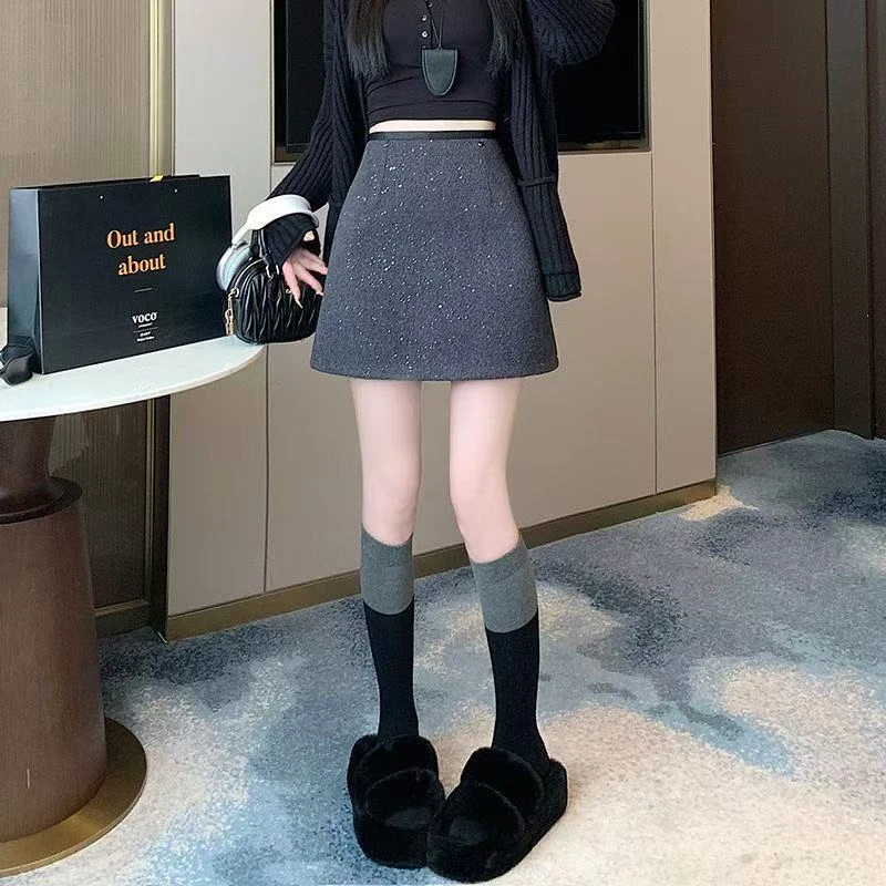 星空小香风亮闪毛呢半身裙高腰新款秋冬韩系显瘦百搭短裙