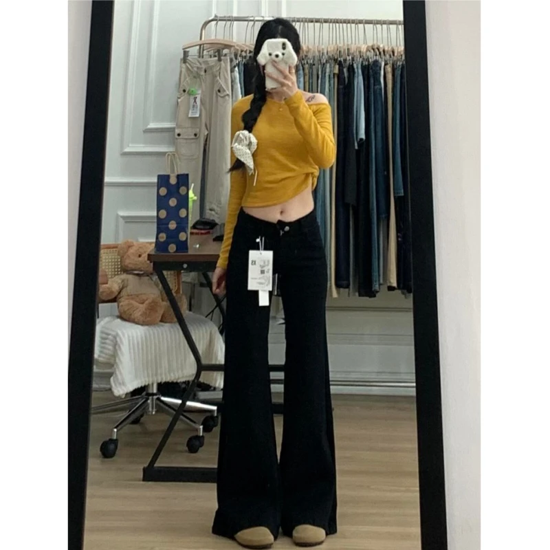 雪千羽美式黑色低腰微喇叭牛仔裤女春秋冬新款辣妹弹力显瘦马蹄裤