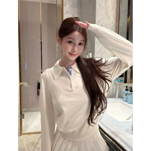 【Meng服饰】2025秋季新品白色长袖女翻领字母刺绣设计感上衣+半裙