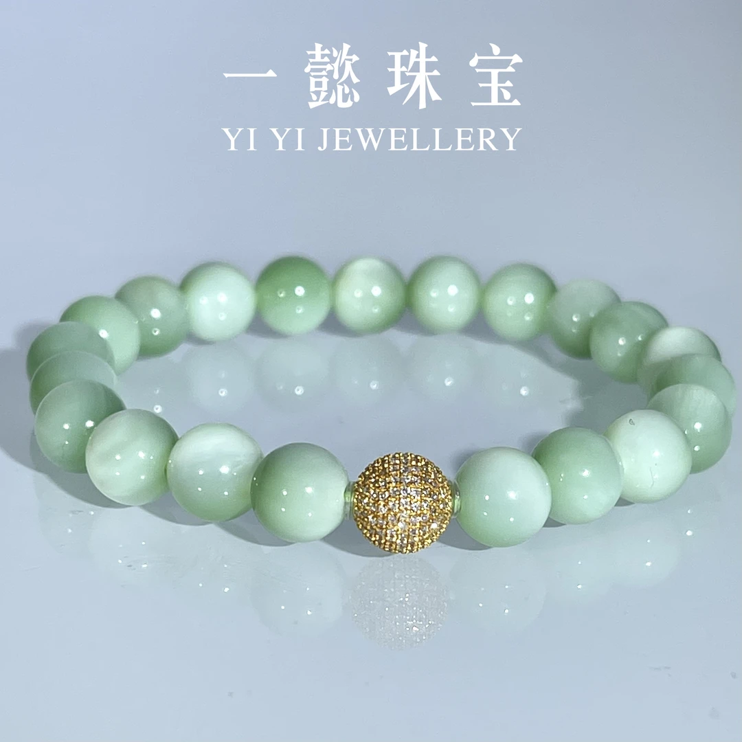 【一懿珠宝】新疆和田玉黑羊洞18K金冰猫手串8MM 时尚气质百搭hy078