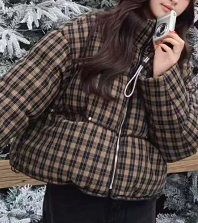 设计感格子短款羽绒服女2024冬季新款白鸭绒外套