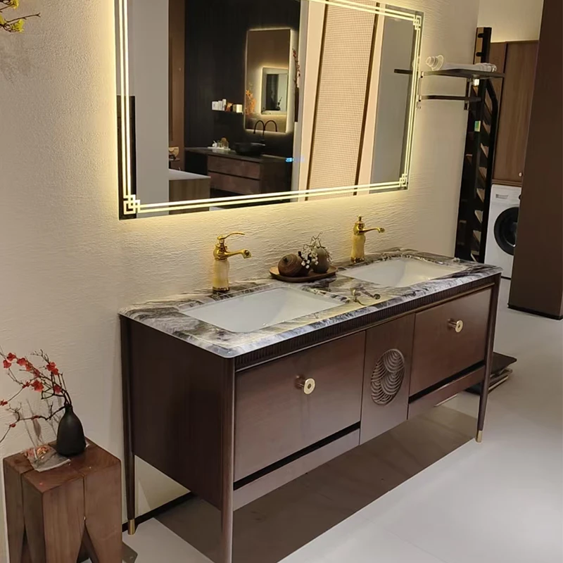晖灿高端奢石新中式乌金木洗手台落地柜浴室柜