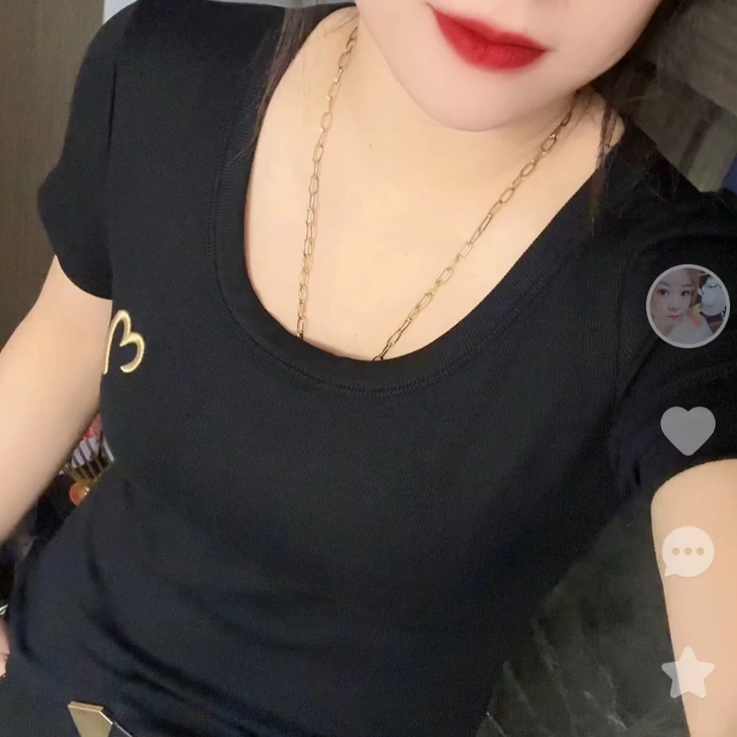 欧货螺纹棉短袖刺绣爱心春新款修身显瘦高弹时尚洋气黑色打底衫