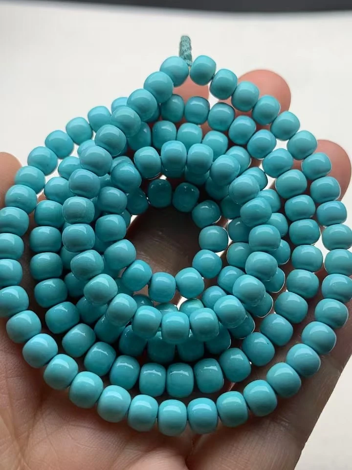 原矿高瓷蓝精品松石老型108佛珠颈饰，直径:5.5mm瓷釉级，整体干净
