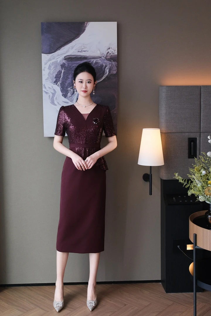 优雅洋气亮片拼接直筒礼服连衣裙