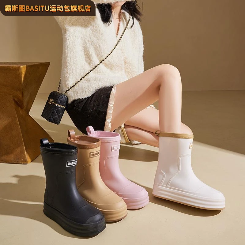 日系中筒雨鞋女款时尚外穿防滑防水耐磨胶鞋高筒赶海厨房软底雨靴