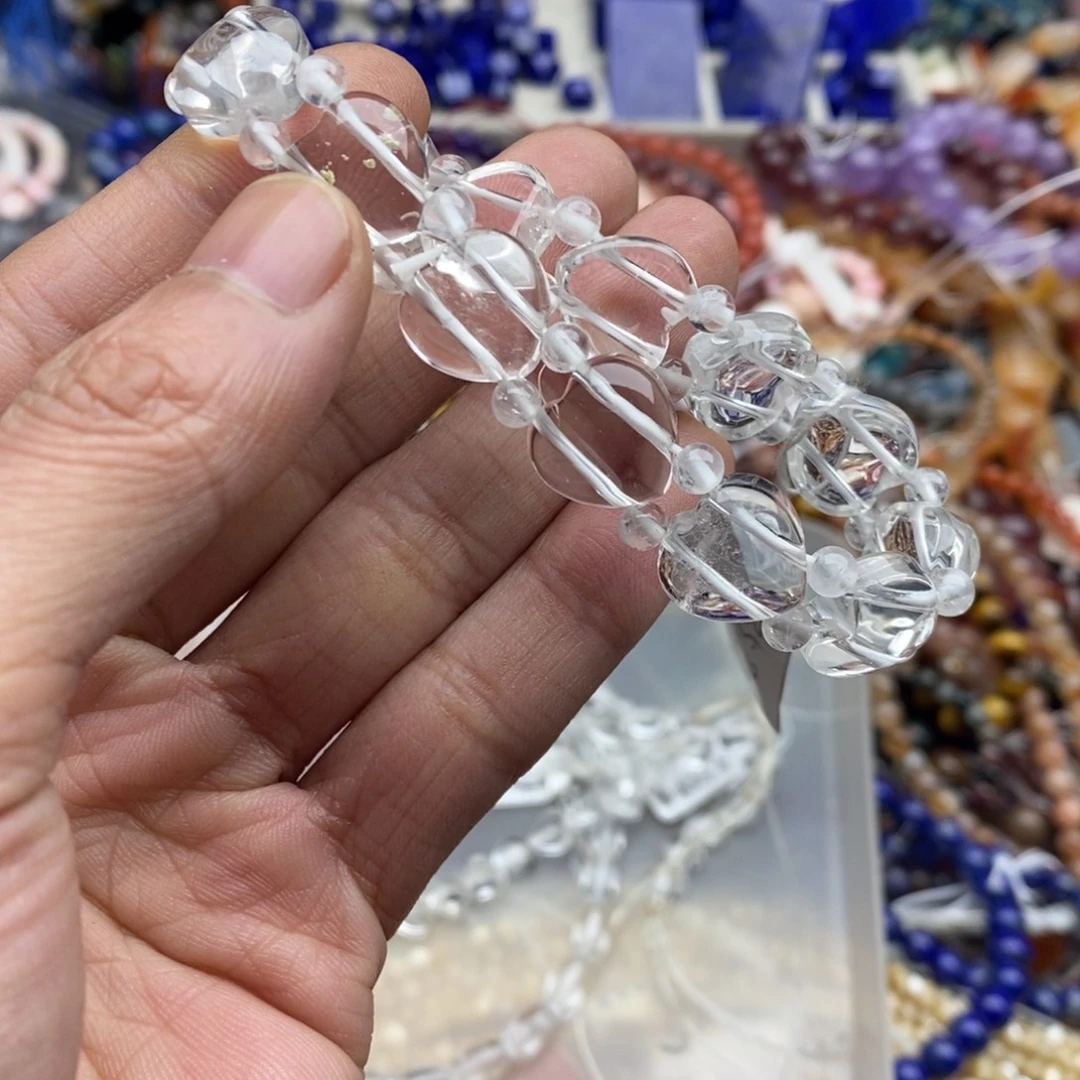 玛瑙/玉髓未镶嵌珠宝半成品一条纯天然净体白水晶桃心手排13mm