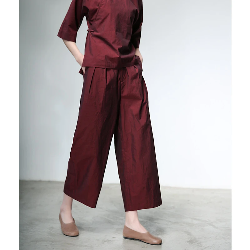 6669春夏新款酒红色纯棉透气休闲直筒薄款百搭女裤显瘦长裤女