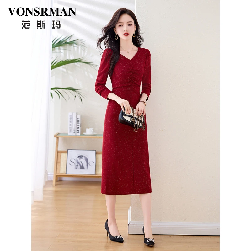 V领酒红色连衣裙2025秋季新款时尚通勤气质修身显瘦高级感中长款