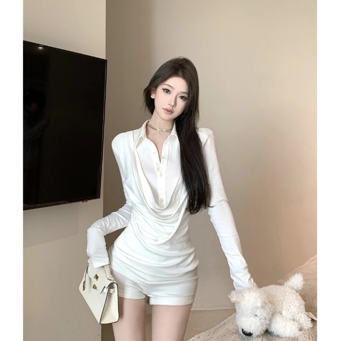 拼接假两件polo领长袖衬衫女秋季修身收腰衬衣设计感纯欲白色上衣