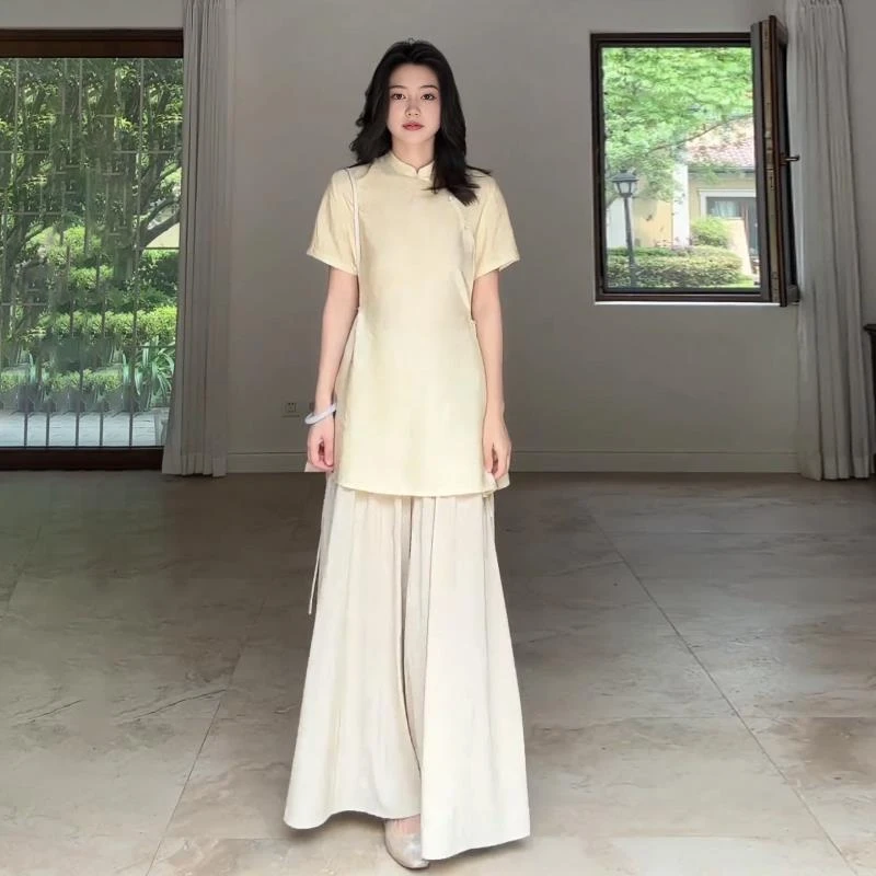 大码胖mm夏季新款禅意套装女新中式显瘦短袖上衣宽松阔腿裤两件套