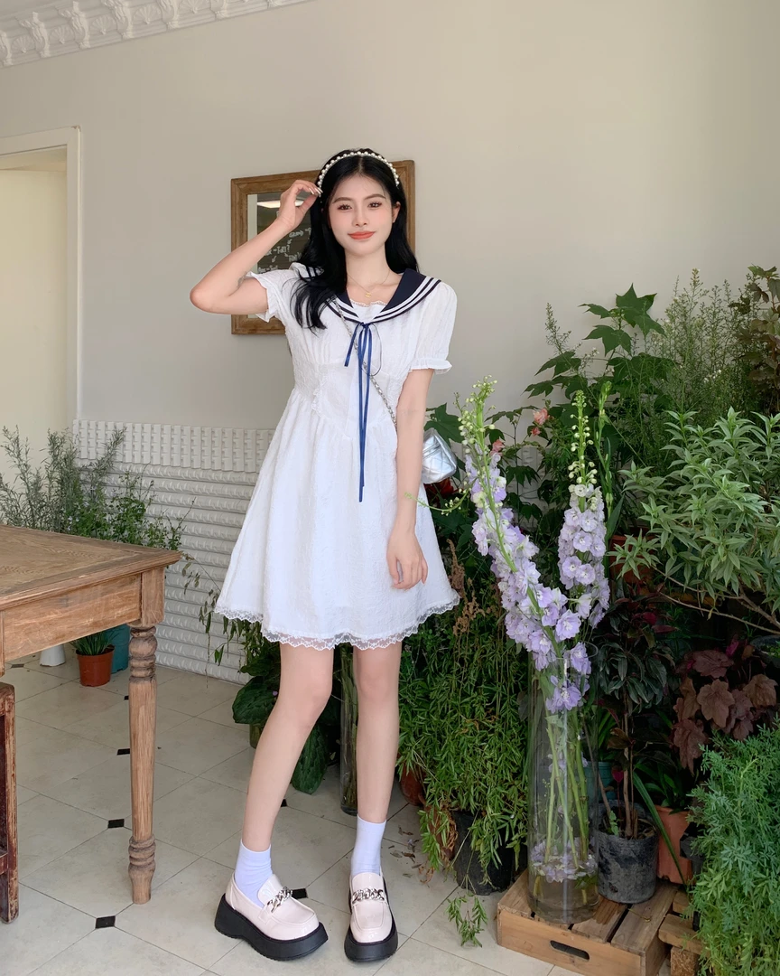 大码女装学院风海军领气质连衣裙夏季胖mm显瘦收腰a字短裙8596