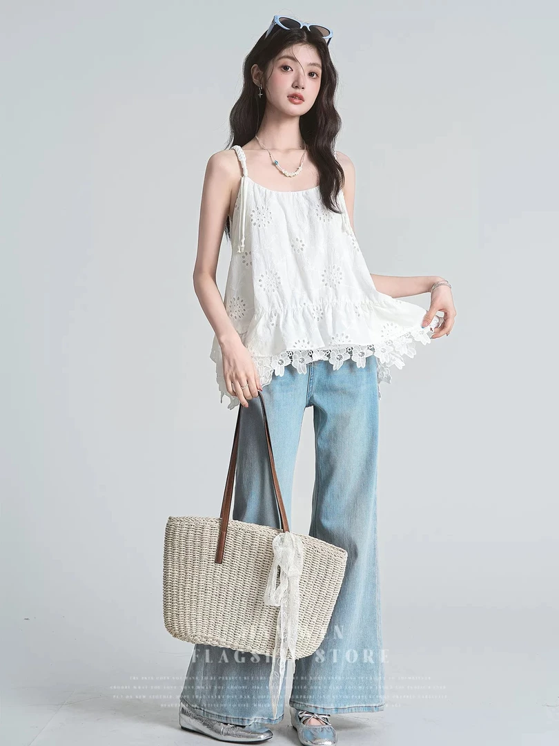 2025夏季新款海边度假风系带背心吊带性感花边下摆无袖美背上衣