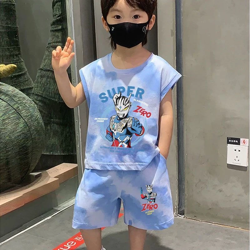 童装宝宝纯棉扎染背心短裤薄款夏季男童无袖上衣奥特曼卡通两件套