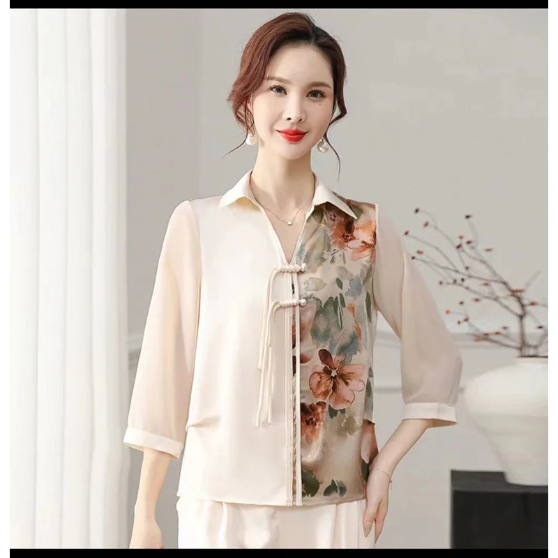 时尚妈妈装盘扣流苏套装夏季新款中老年高级感立领小衫雪纺上衣