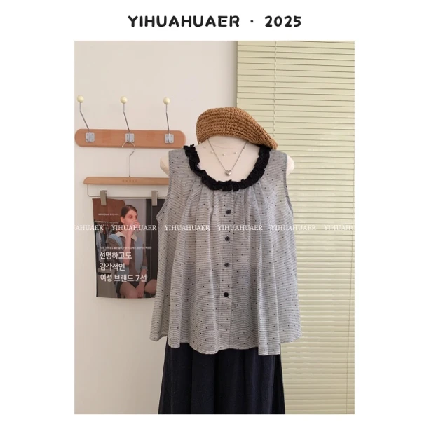 东大门韩系重工花边单排扣波点设计感背心小衫3394