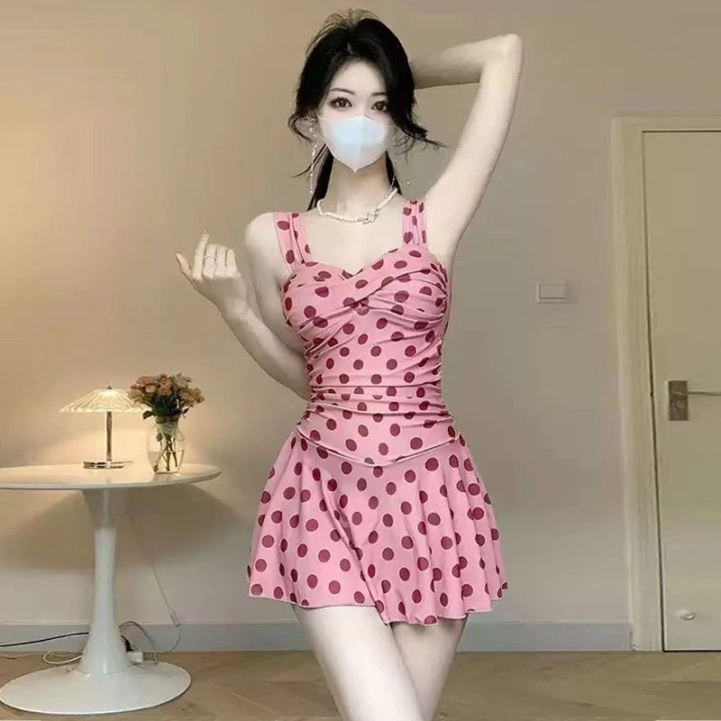 泳装可爱波点连体保守裙式显瘦平角少女新款温泉泡温泉遮肉泳衣女