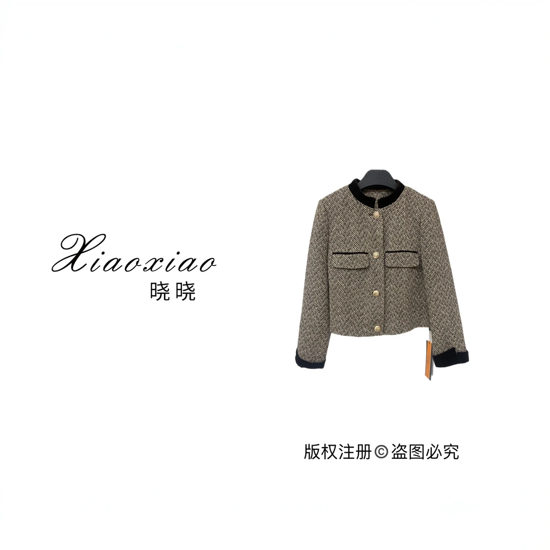 【晓晓女装】2326秋季复古名媛风百搭女圆领常规呢长袖格子短外套