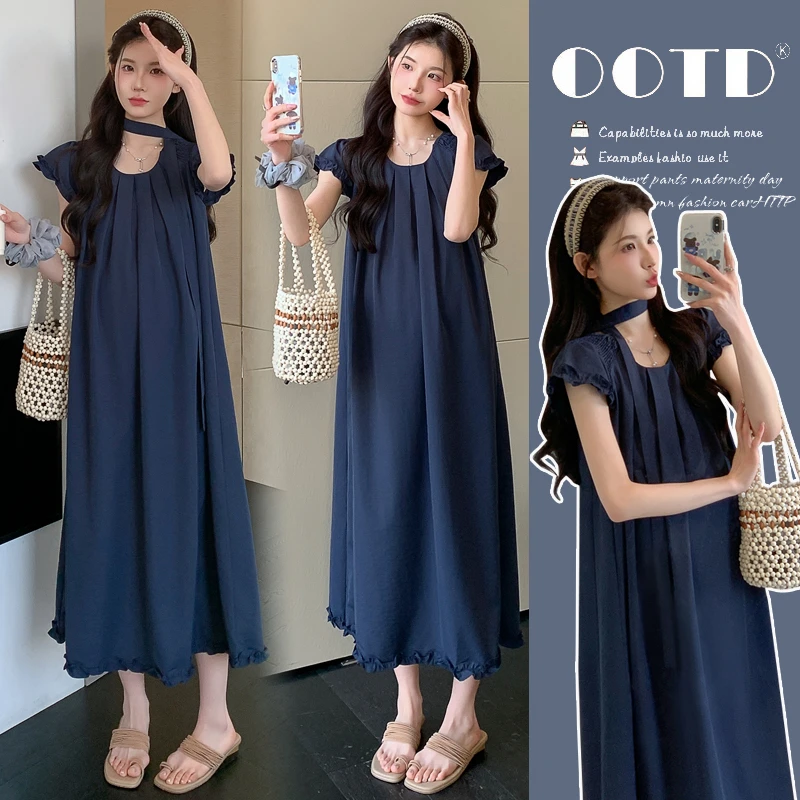 孕妇夏季简约花边小飞袖气质高级感宽松显瘦连衣裙T