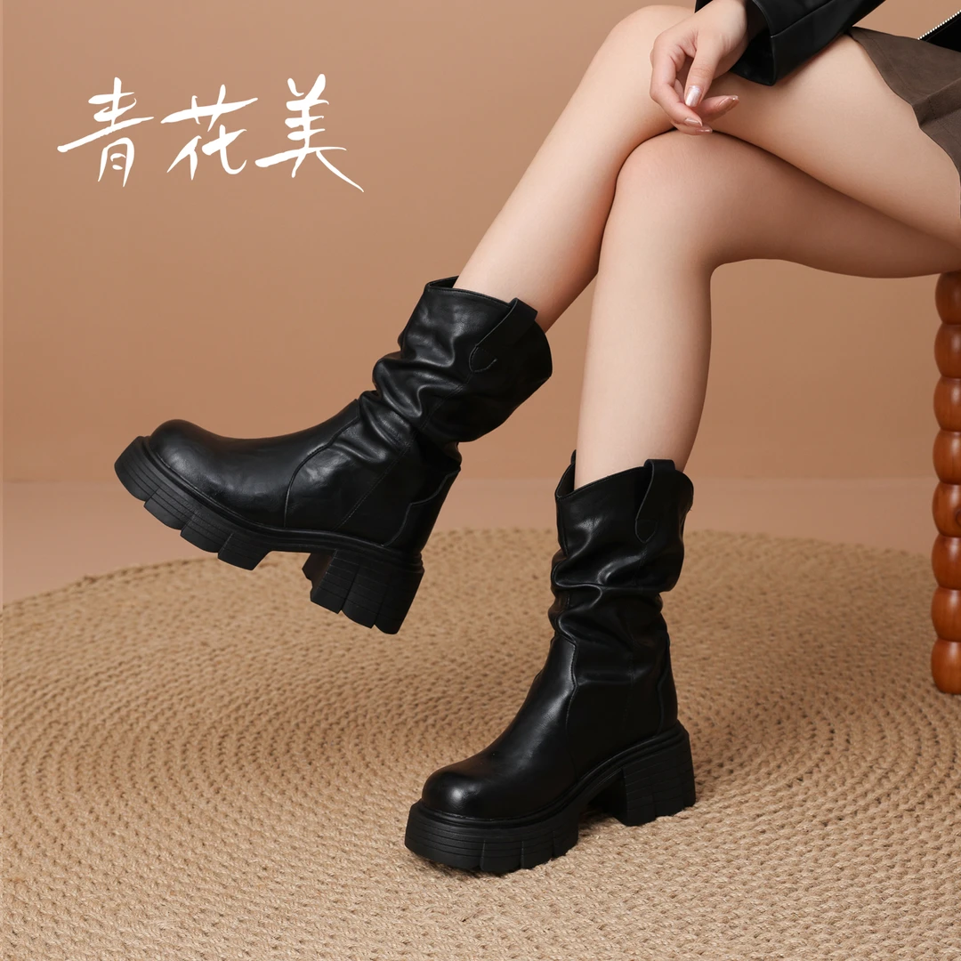 2025秋冬季新款厚底中筒瘦瘦靴子褶皱堆堆靴短靴粗跟厚底马丁靴