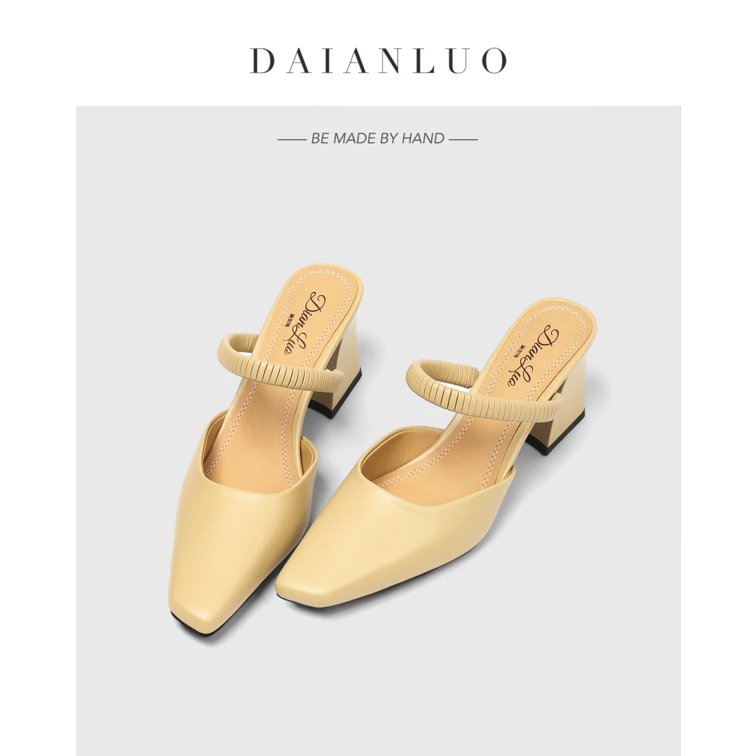 【跟高6cm】新款夏季凉拖鞋女包头高跟鞋粗跟半拖真皮方头百搭女鞋