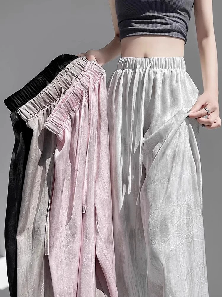 大码冰丝扎染阔腿裤女夏季薄款300斤宽松慵懒垂感直筒休闲防晒裤