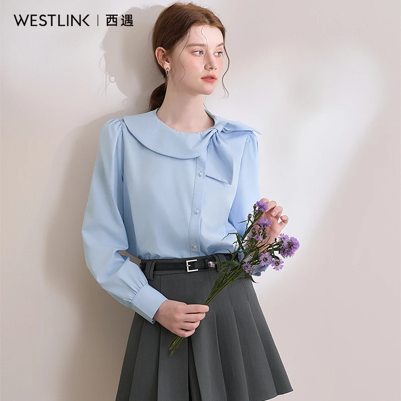 50137西遇娃娃领蝴蝶结绑带衬衫女2025春季气质垂感泡泡袖衬衣