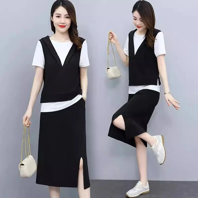 2025夏季新款时尚套装女气质洋气假两件短袖上衣裙子高级感两件套