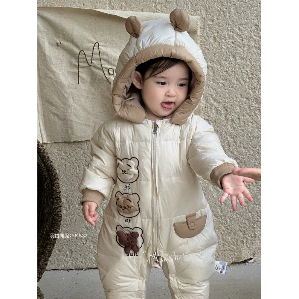 冬季新款羽绒连体衣三只害羞熊单拉链羽绒服哈衣832